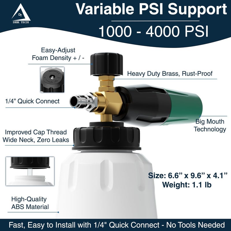 DBR Tech Foam Cannon for Pressure Washer, 1.1mm Orifice, 1000-4000 PSI, 1/4 Inch Quick Connector, Wide Neck and Adjustable Spray, Heavy Duty Car Snow Foam Blaster for Superior Foaming & Deep Clean, Green - Image 2
